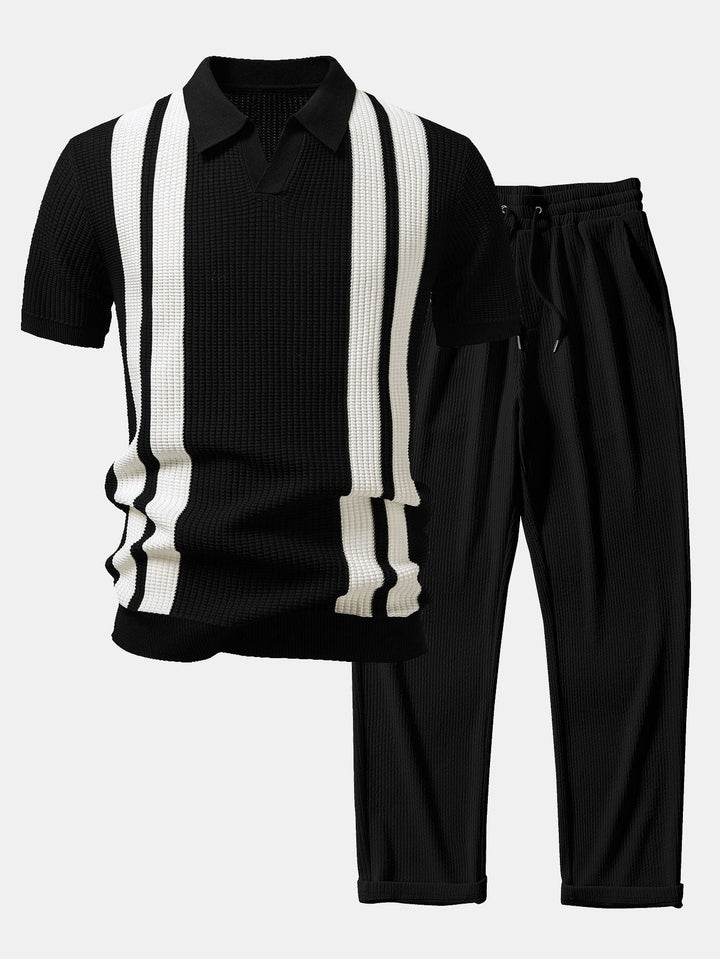 Stripe Johnny Collar Knit Polo & Straight Leg Ribbed Pants