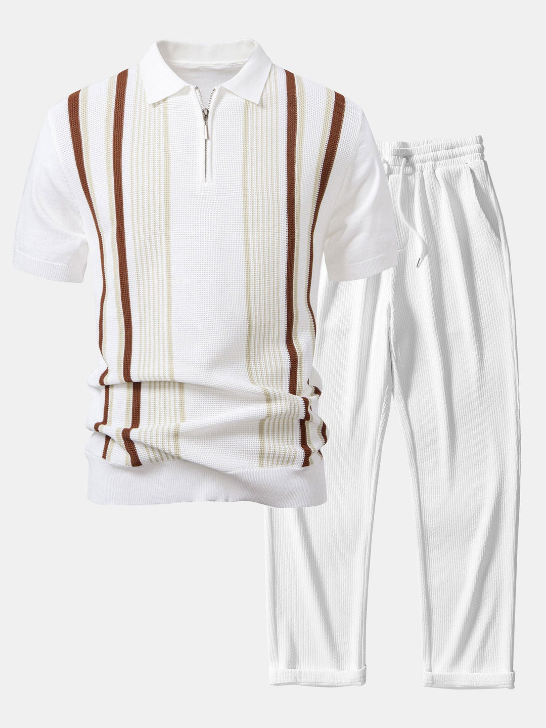 Gestreepte gebreide Polo met rits & rechte ribgebreide broek