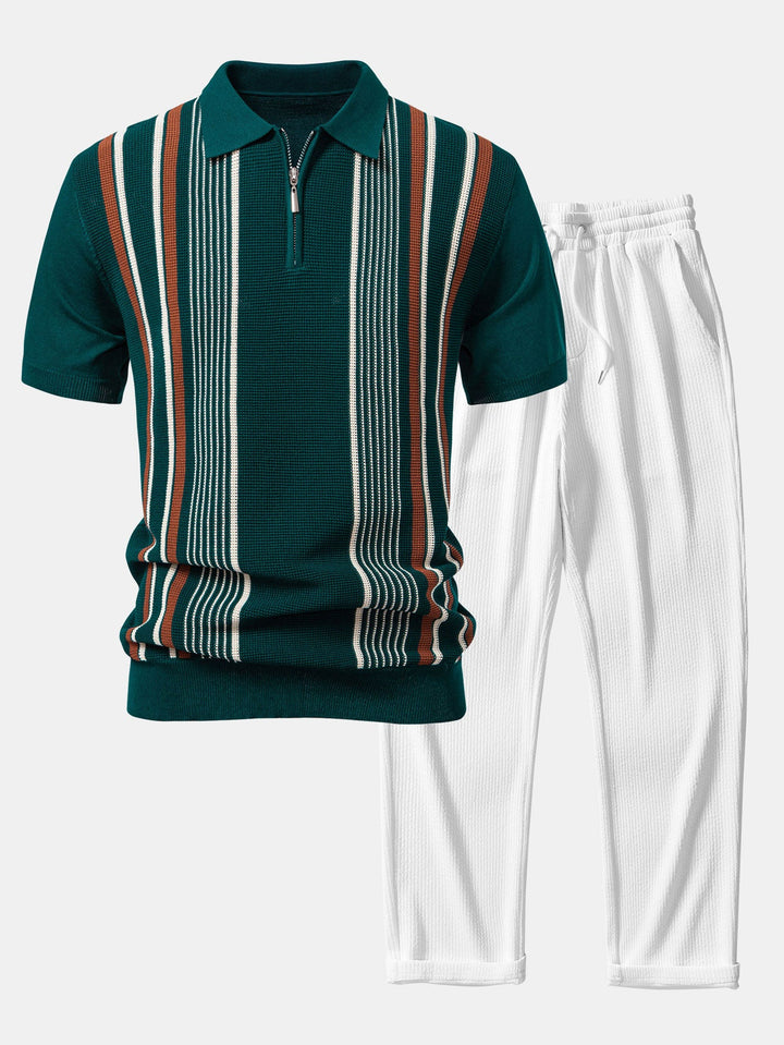 Gestreepte gebreide Polo met rits & rechte ribgebreide broek