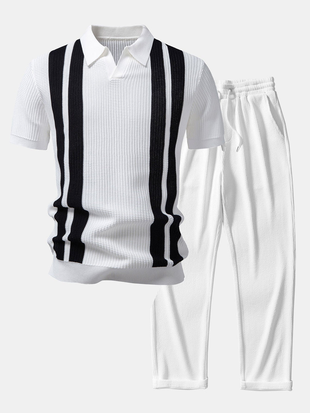 Stripe Johnny Collar Knit Polo & Straight Leg Ribbed Pants