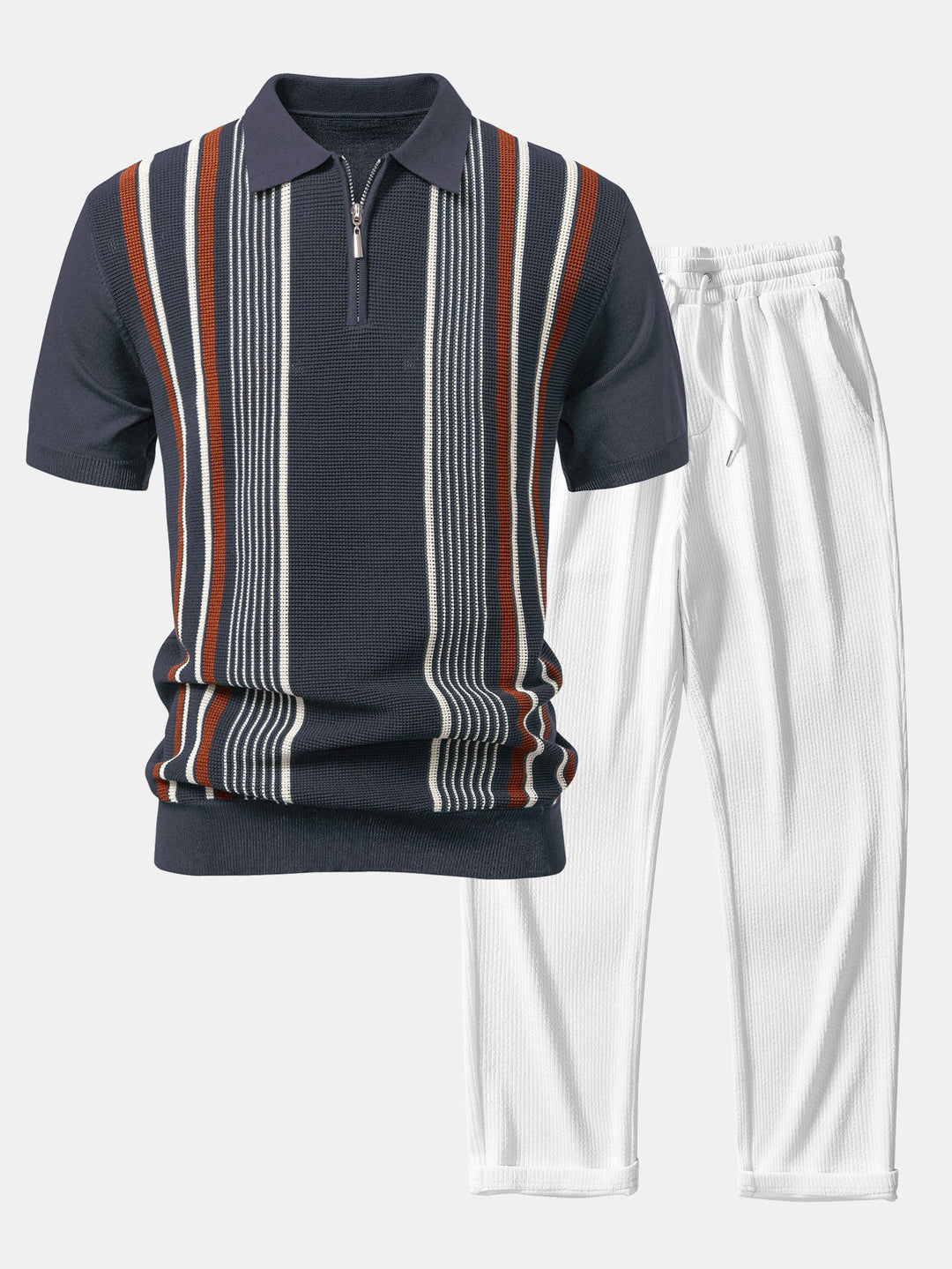 Gestreepte gebreide Polo met rits & rechte ribgebreide broek