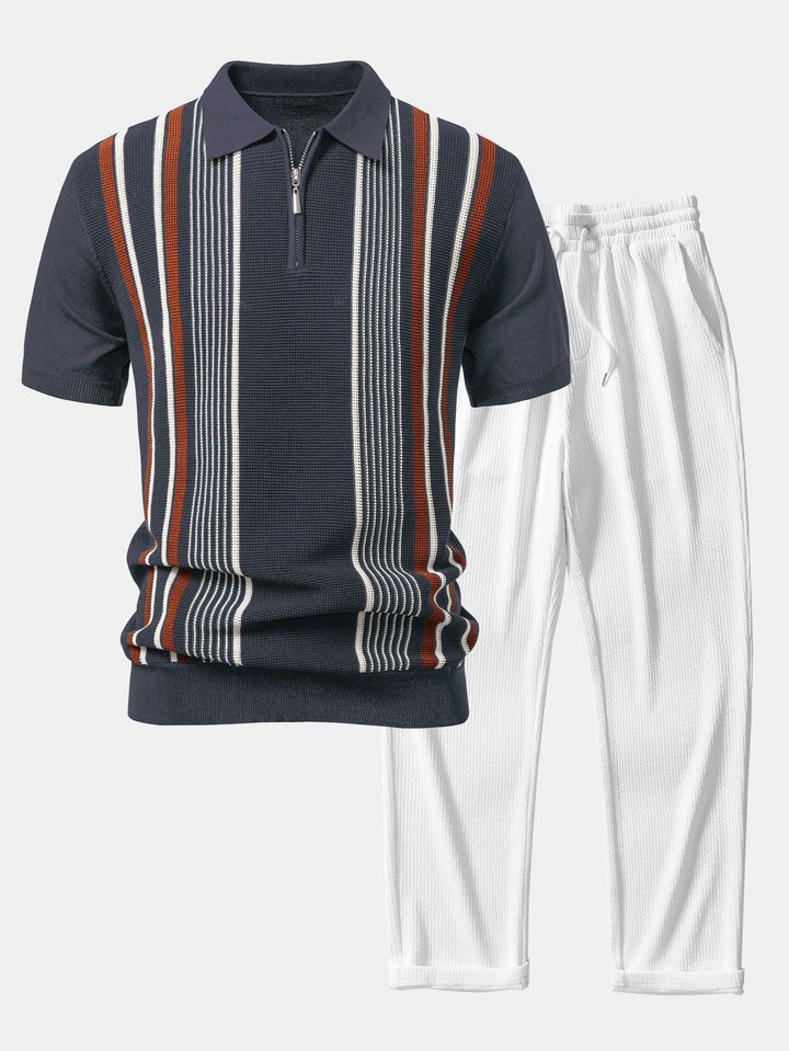 Gestreepte gebreide Polo met rits & rechte ribgebreide broek