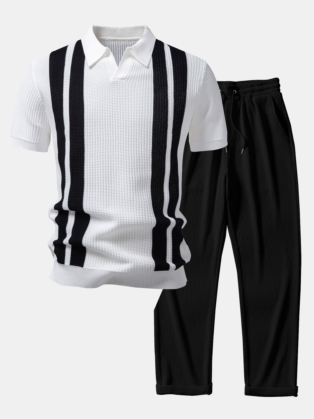 Stripe Johnny Collar Knit Polo & Straight Leg Ribbed Pants