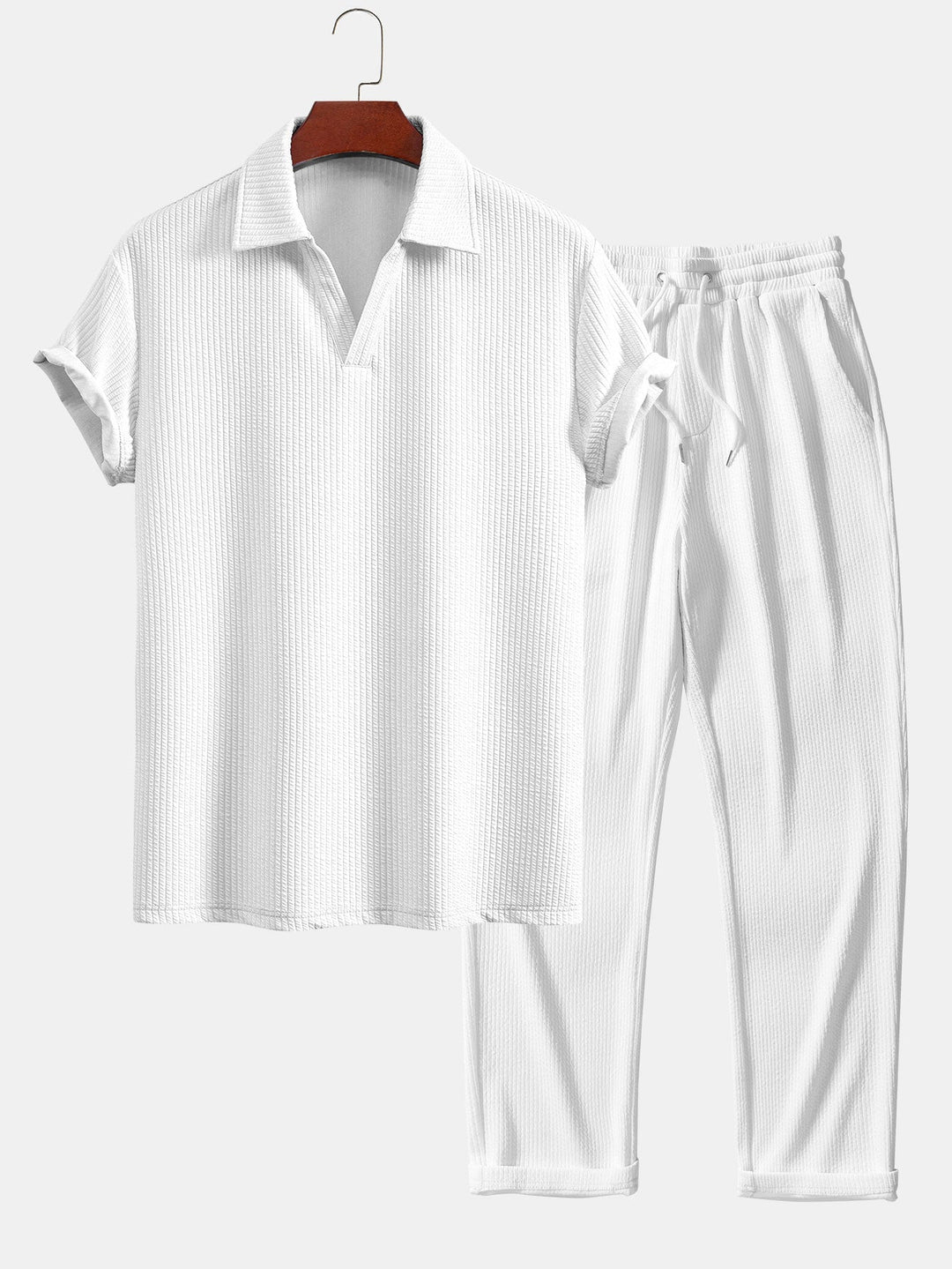 Korte Mouwen V-Hals Ribbel Polo & Rechte Ribbel Broek