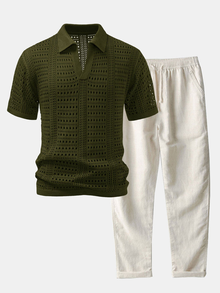 Gehaakte V-hals Polo-shirt & linnen broek met rechte pijpen