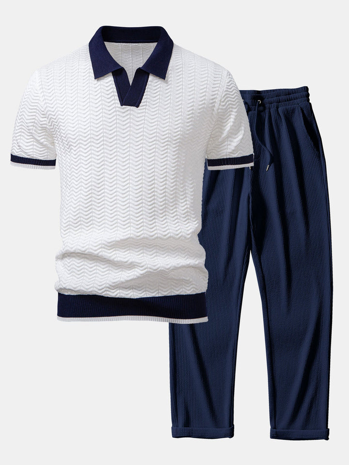 Textuurcontrast Gebreide V-Hals Polo Shirt & Rechte Ribbroek