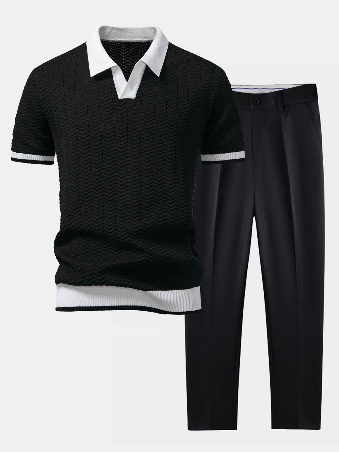 Textuurcontrast Gebreide V-hals Polo Shirt & Slim Fit Toegelopte Broek