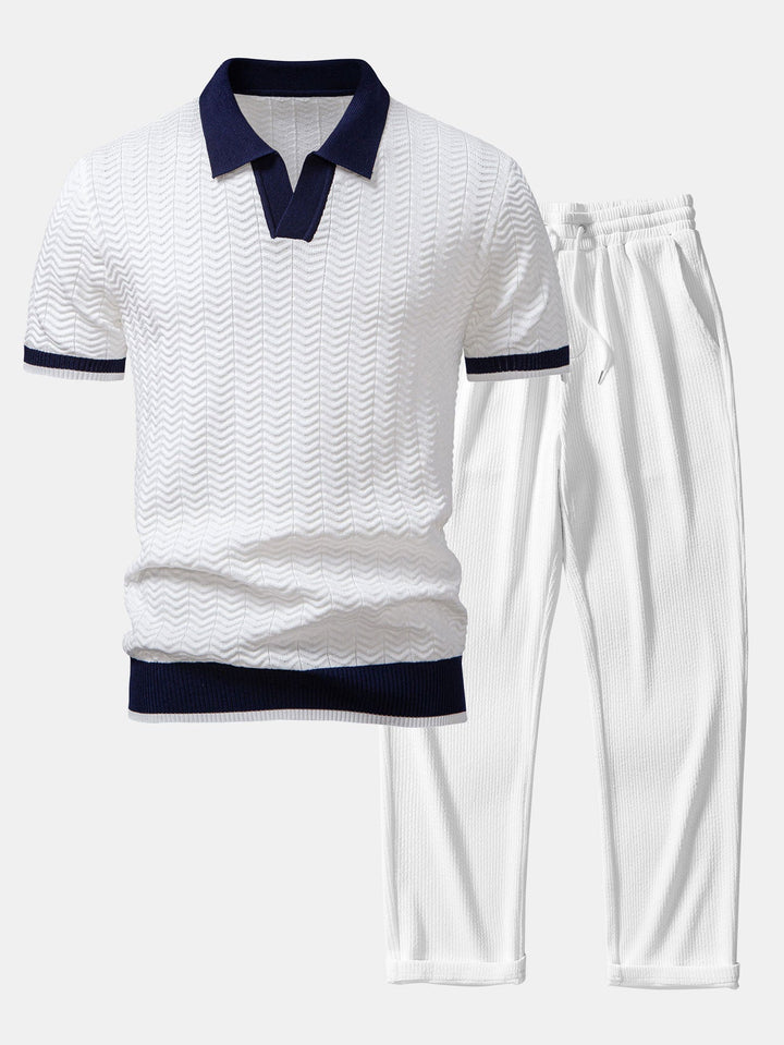 Textuurcontrast Gebreide V-Hals Polo Shirt & Rechte Ribbroek