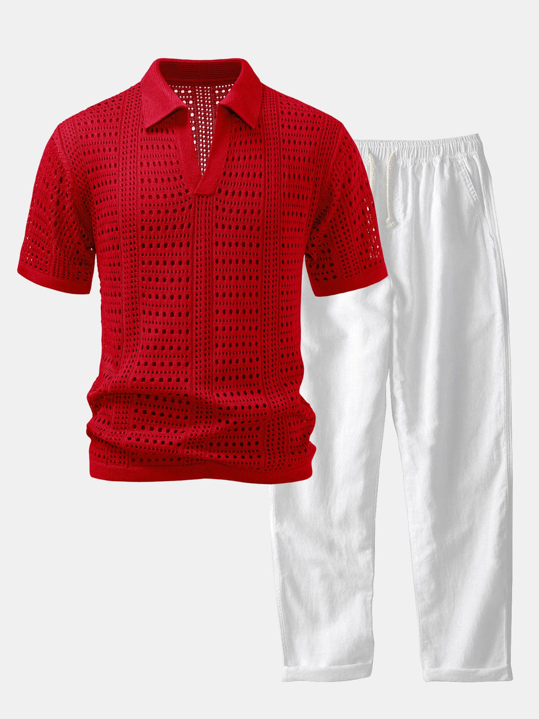 Gehaakte V-hals Polo-shirt & linnen broek met rechte pijpen