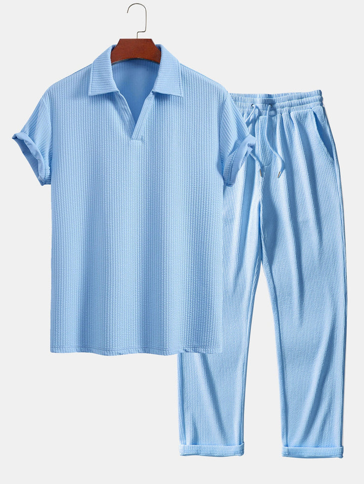 Korte Mouwen V-Hals Ribbel Polo & Rechte Ribbel Broek