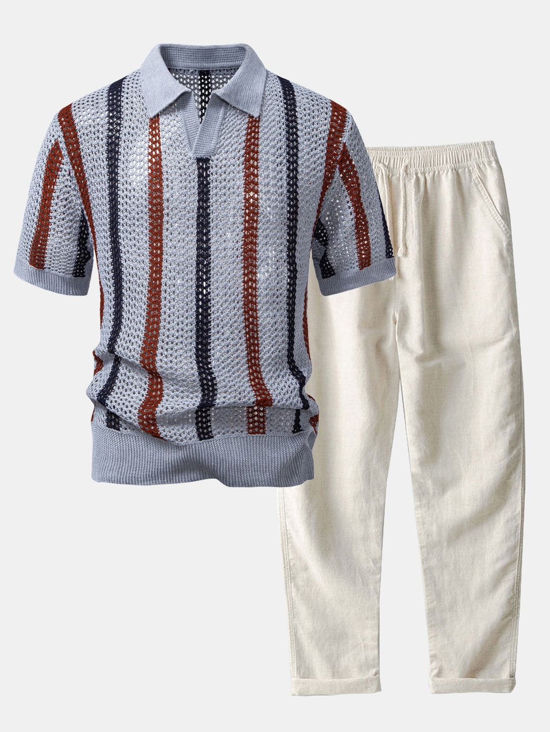 Gestreepte gehaakte V-hals Polo & linnen broek met rechte pijpen