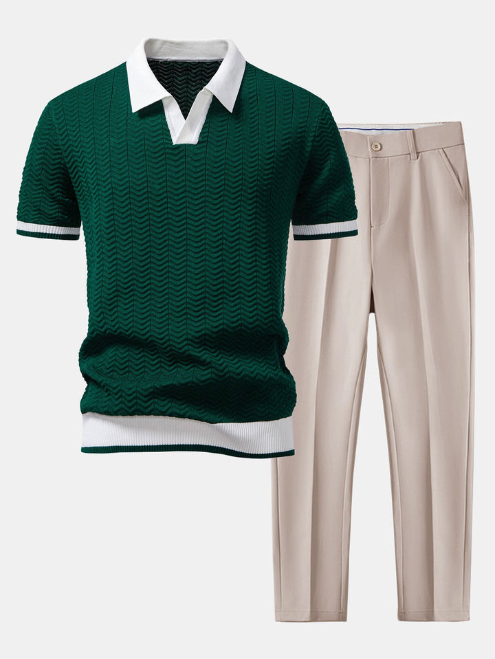 Textuurcontrast Gebreide V-hals Polo Shirt & Slim Fit Toegelopte Broek