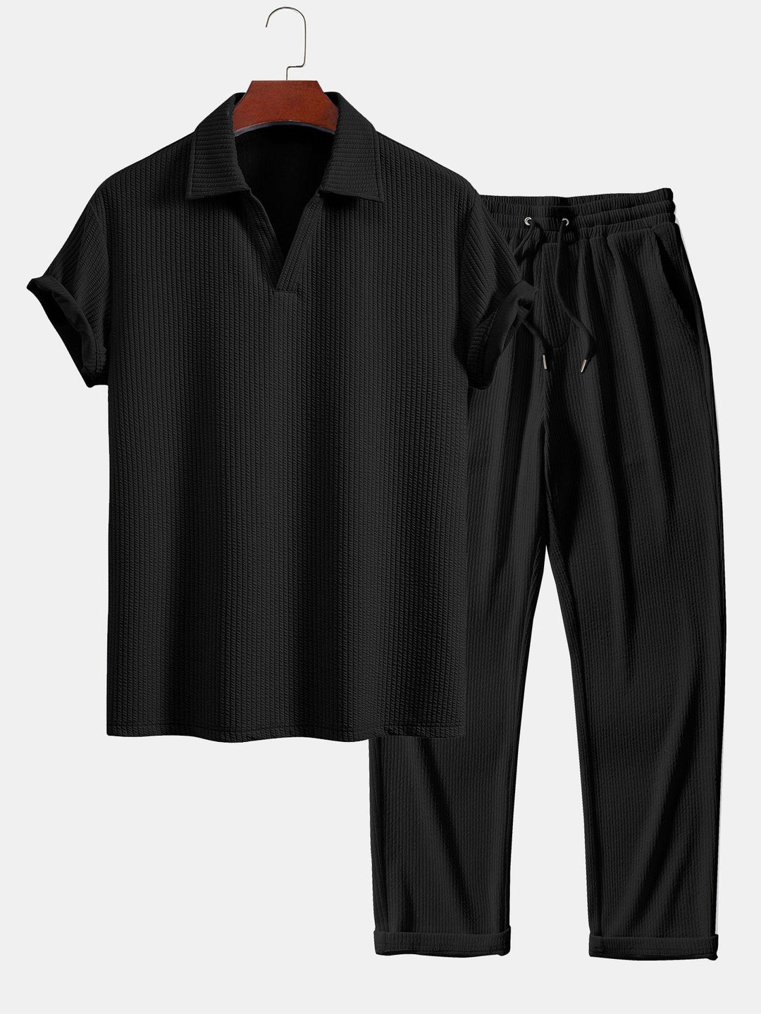 Korte Mouwen V-Hals Ribbel Polo & Rechte Ribbel Broek