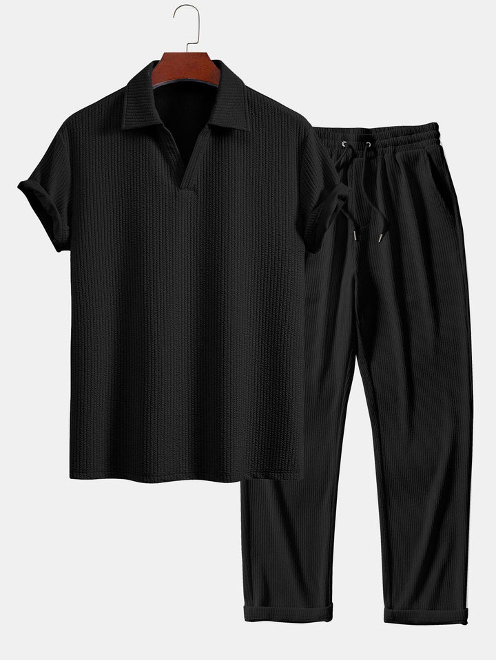 Korte Mouwen V-Hals Ribbel Polo & Rechte Ribbel Broek