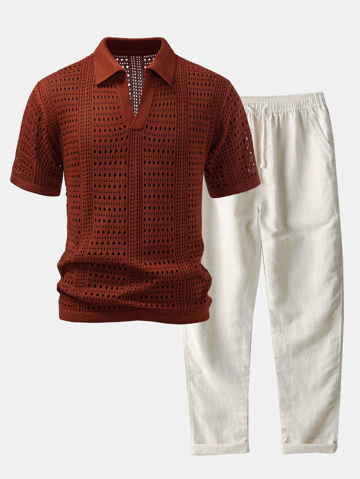 Gehaakte V-hals Polo-shirt & linnen broek met rechte pijpen
