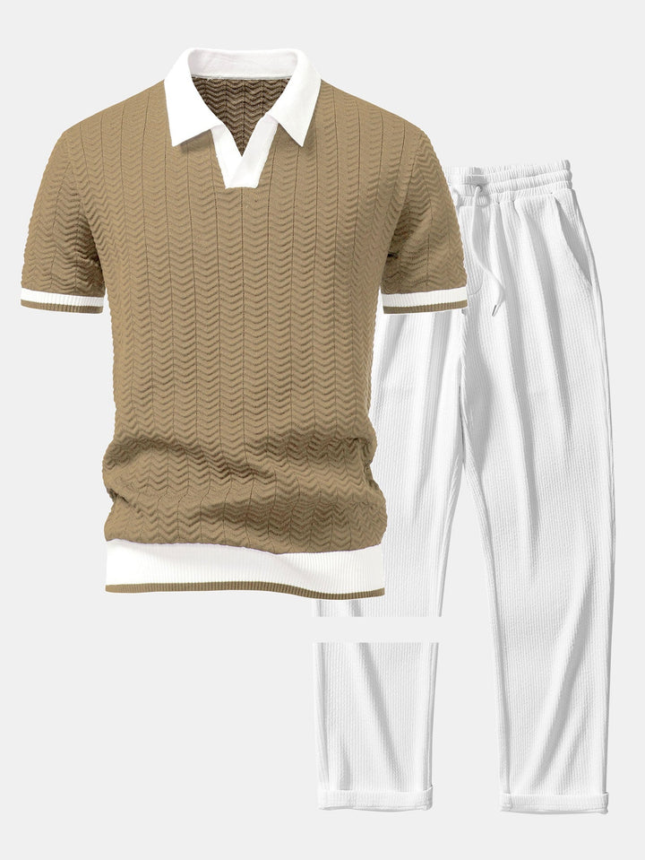 Textuurcontrast Gebreide V-Hals Polo Shirt & Rechte Ribbroek