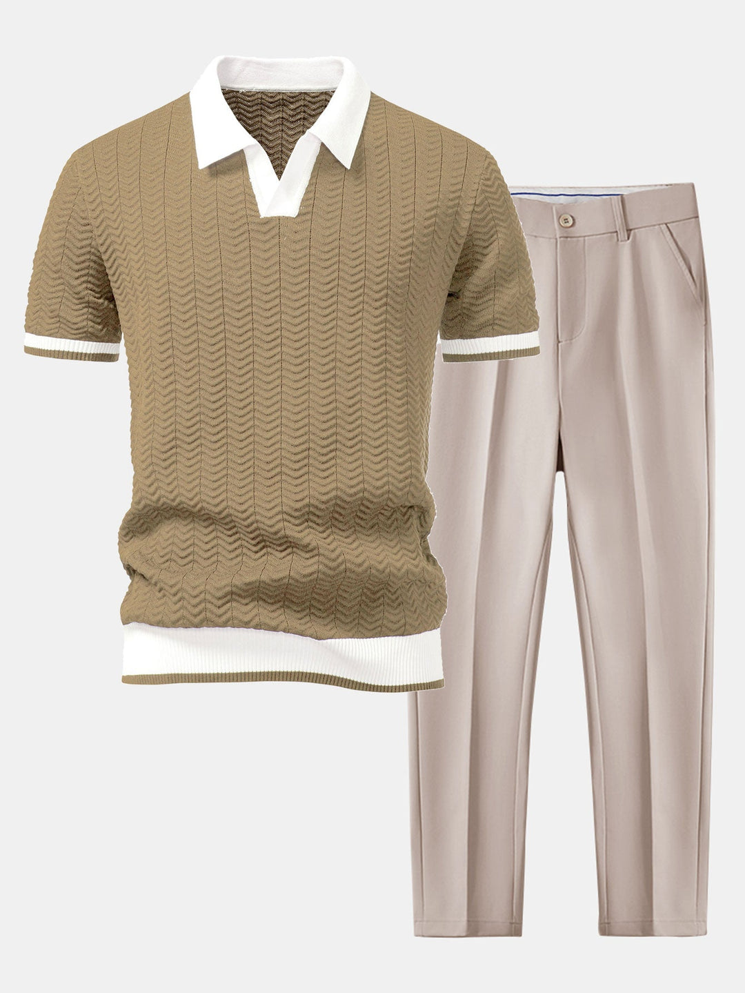 Textuurcontrast Gebreide V-hals Polo Shirt & Slim Fit Toegelopte Broek