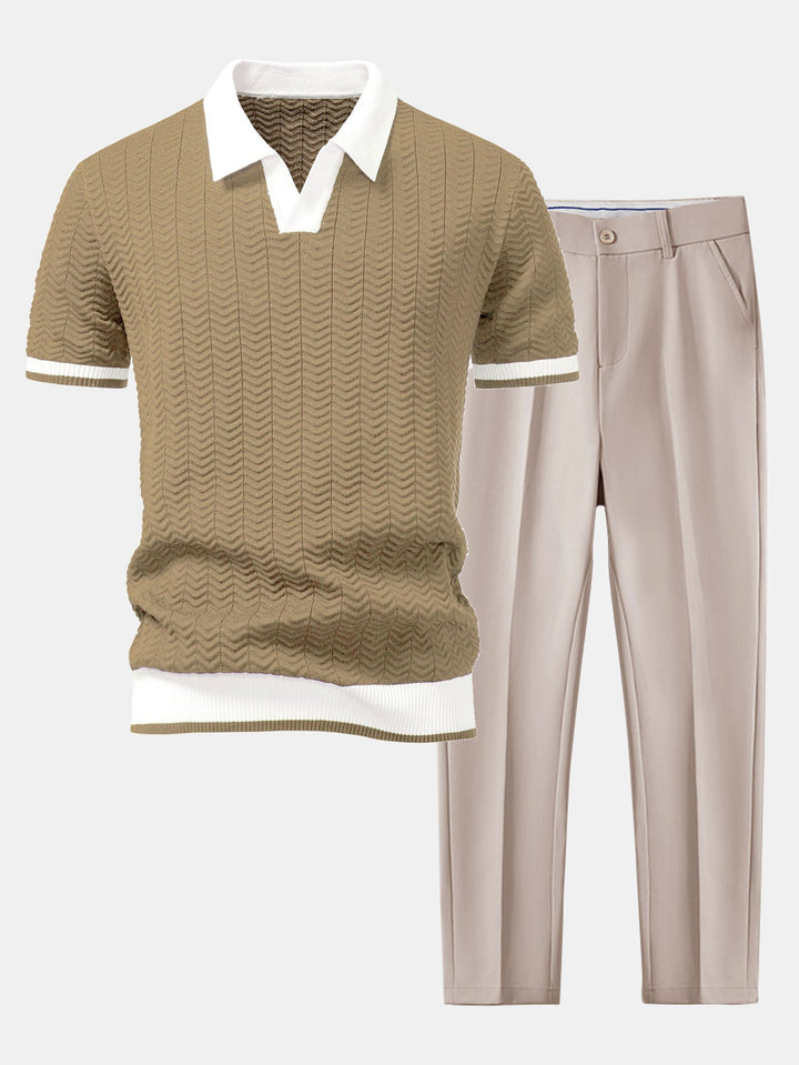 Textuurcontrast Gebreide V-hals Polo Shirt & Slim Fit Toegelopte Broek