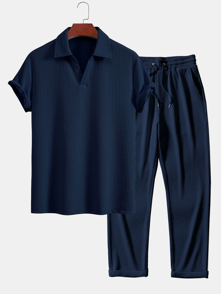 Korte Mouwen V-Hals Ribbel Polo & Rechte Ribbel Broek