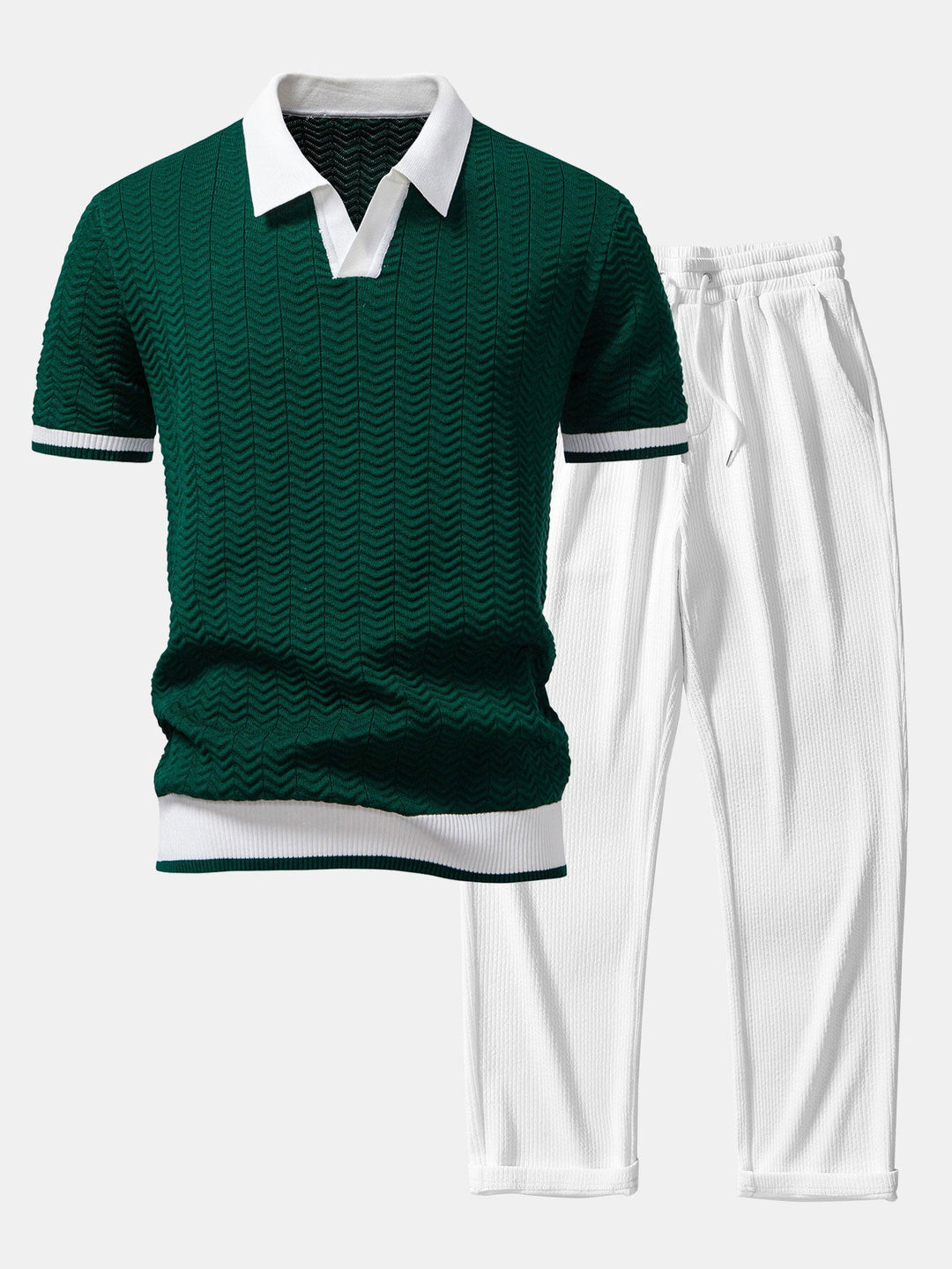 Textuurcontrast Gebreide V-Hals Polo Shirt & Rechte Ribbroek