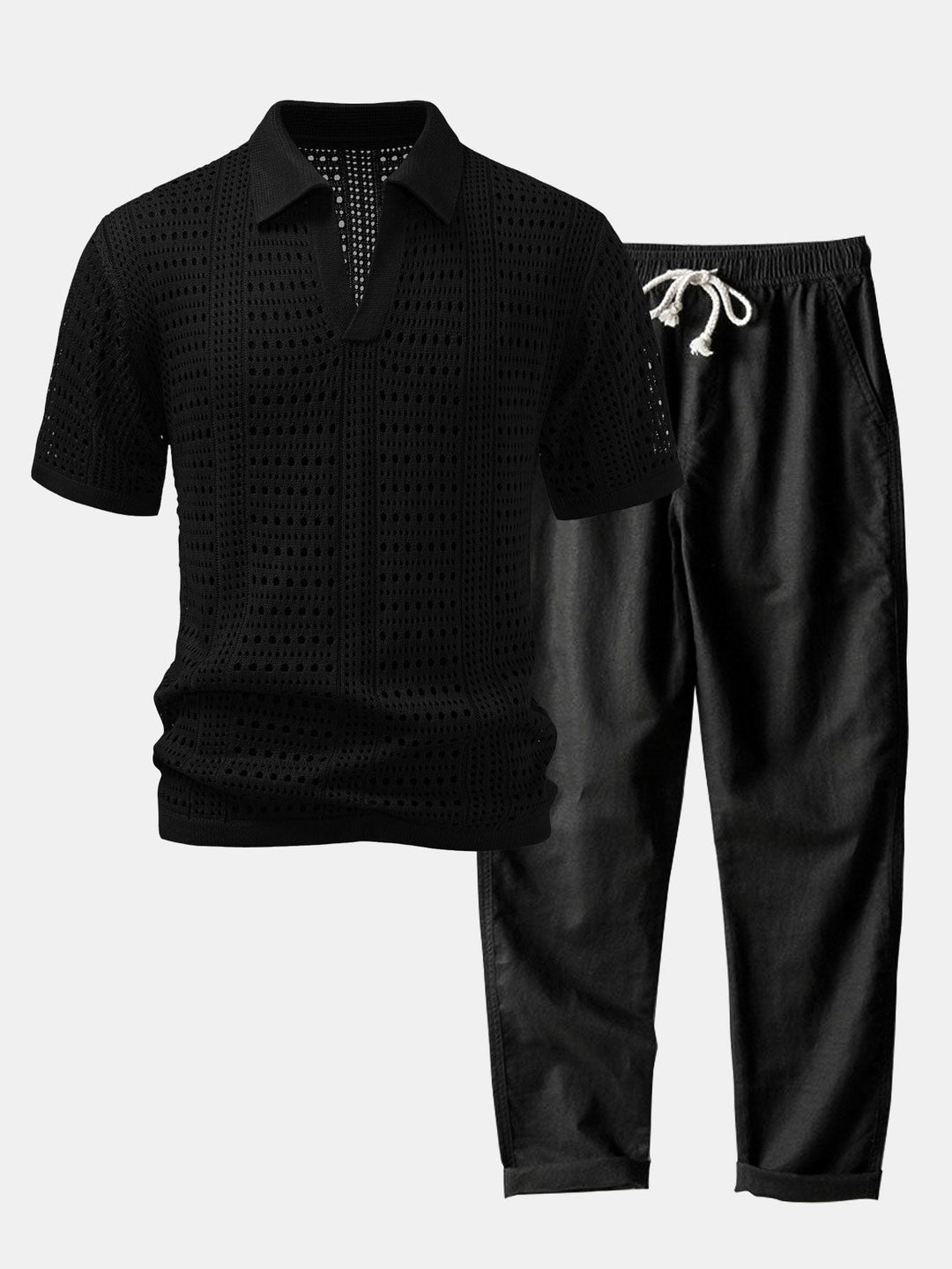 Gehaakte V-hals Polo-shirt & linnen broek met rechte pijpen