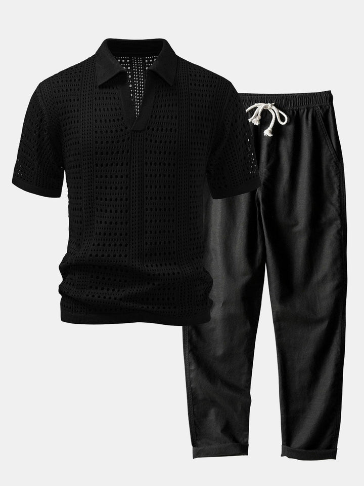 Gehaakte V-hals Polo-shirt & linnen broek met rechte pijpen