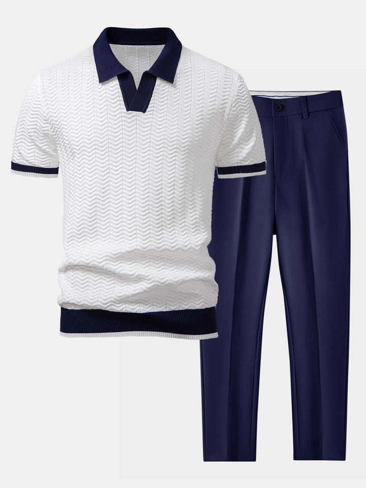 Textuurcontrast Gebreide V-hals Polo Shirt & Slim Fit Toegelopte Broek