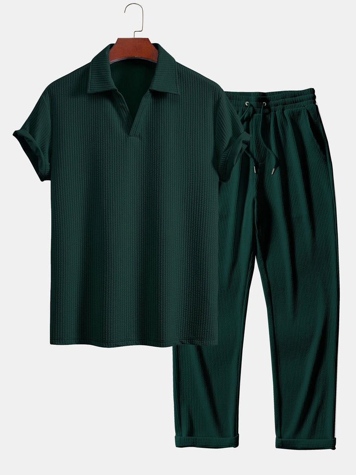 Korte Mouwen V-Hals Ribbel Polo & Rechte Ribbel Broek