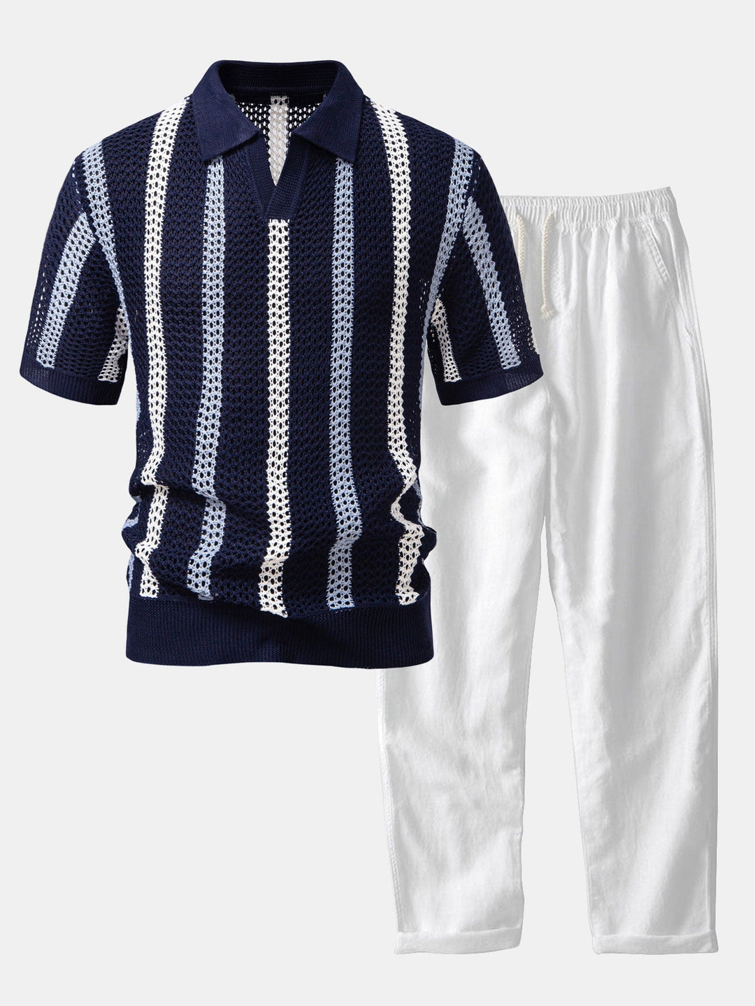 Gestreepte gehaakte V-hals Polo & linnen broek met rechte pijpen