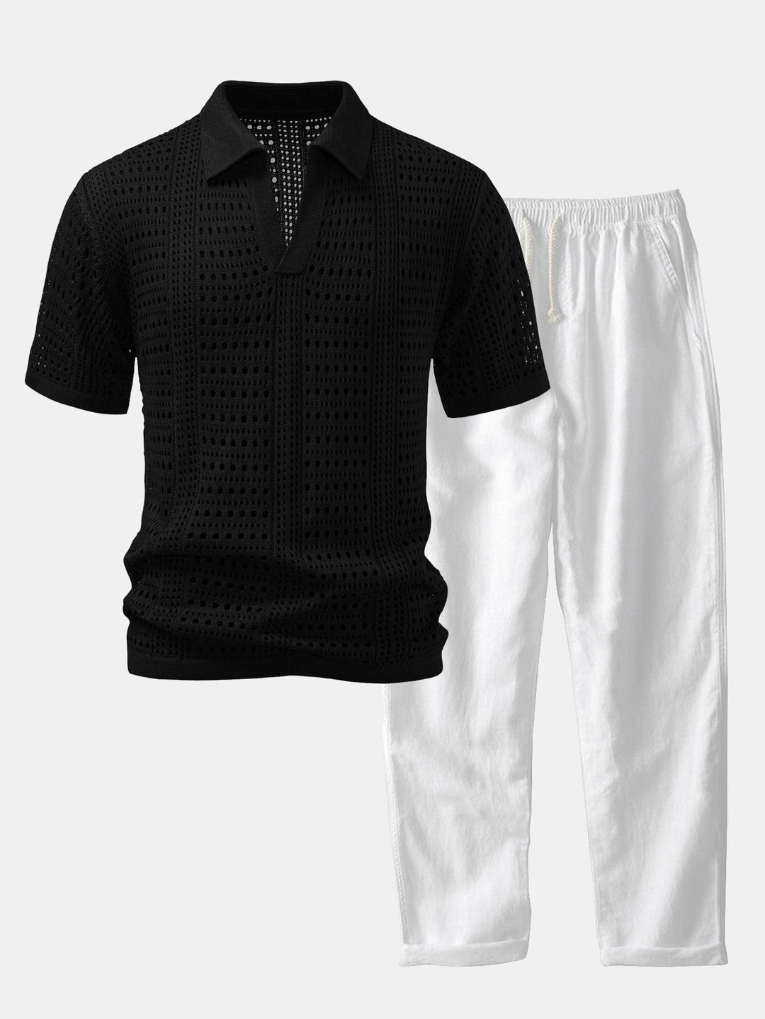Gehaakte V-hals Polo-shirt & linnen broek met rechte pijpen