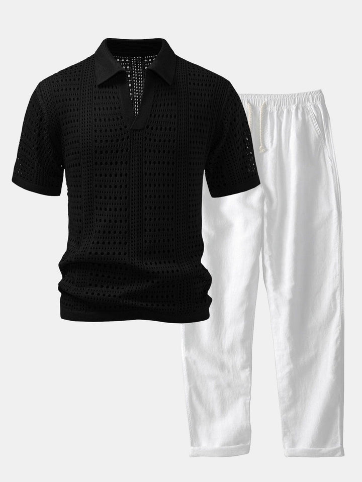 Gehaakte V-hals Polo-shirt & linnen broek met rechte pijpen