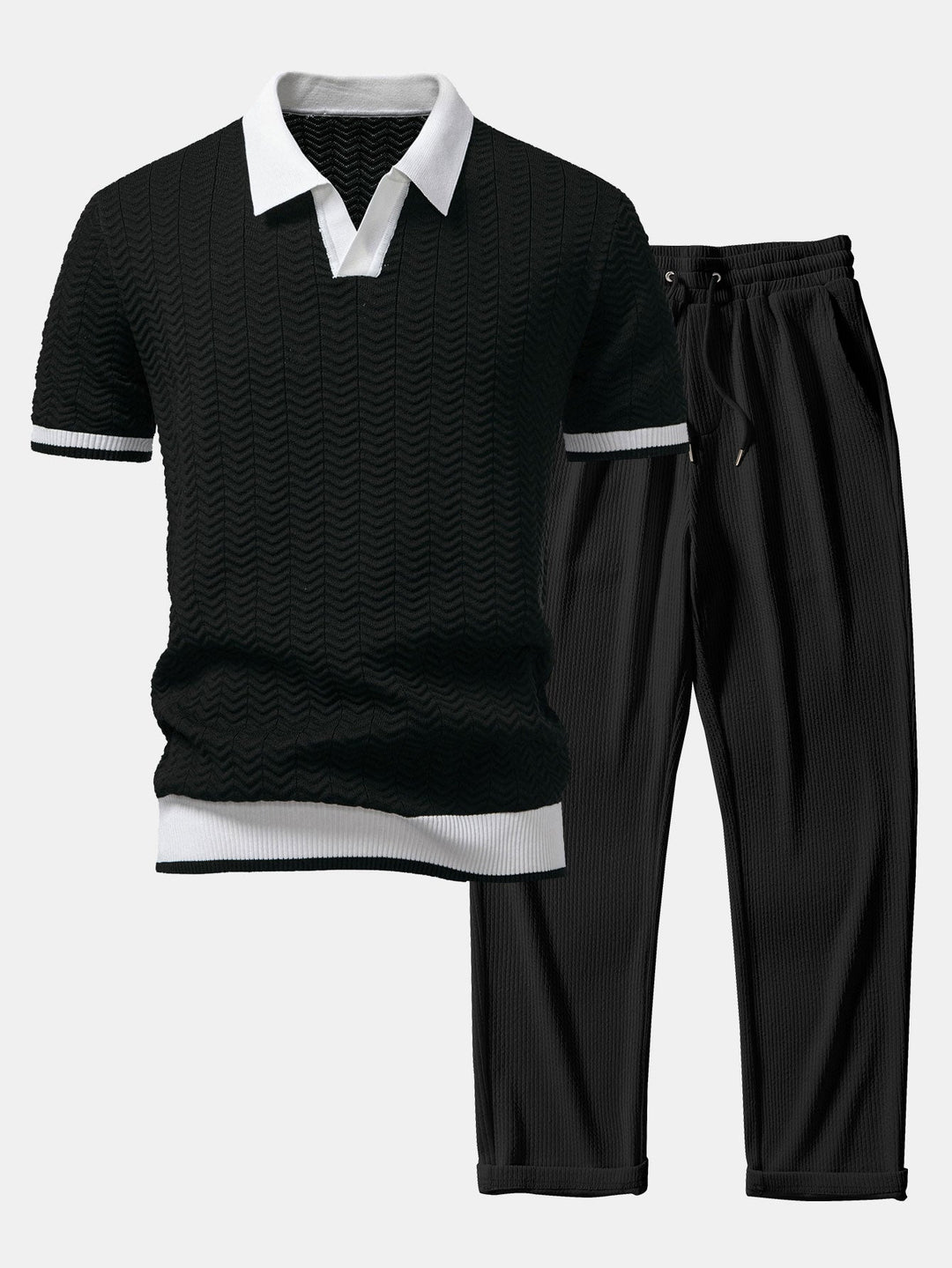 Textuurcontrast Gebreide V-Hals Polo Shirt & Rechte Ribbroek