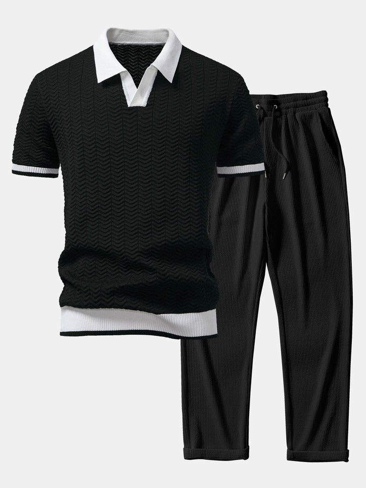 Textuurcontrast Gebreide V-Hals Polo Shirt & Rechte Ribbroek