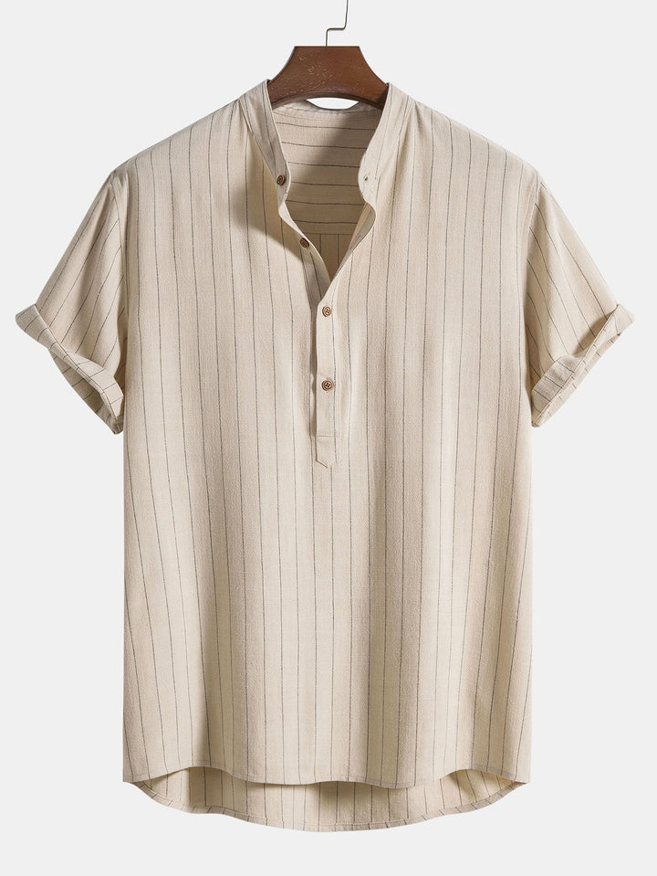 Linnenmix Gestreepte Half Open Placket Henley Kraag Shirt & Rechte Linnen Broek