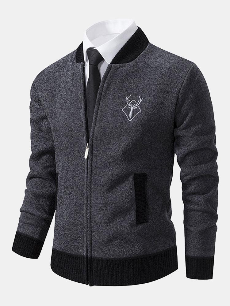 Elk Geborduurd Contrast Baseball Kraag Sweater