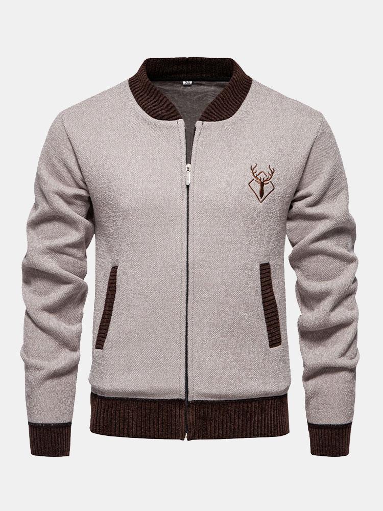 Elk Geborduurd Contrast Baseball Kraag Sweater