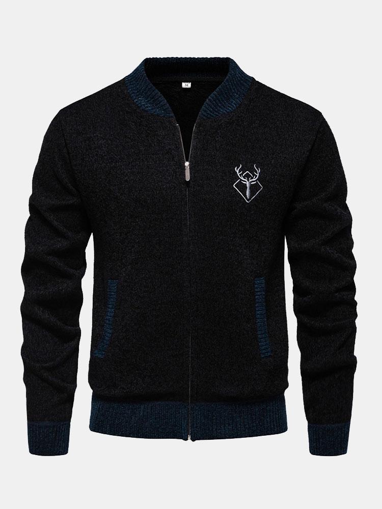 Elk Geborduurd Contrast Baseball Kraag Sweater