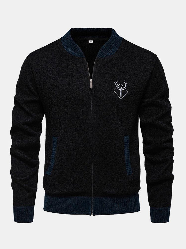 Elk Geborduurd Contrast Baseball Kraag Sweater