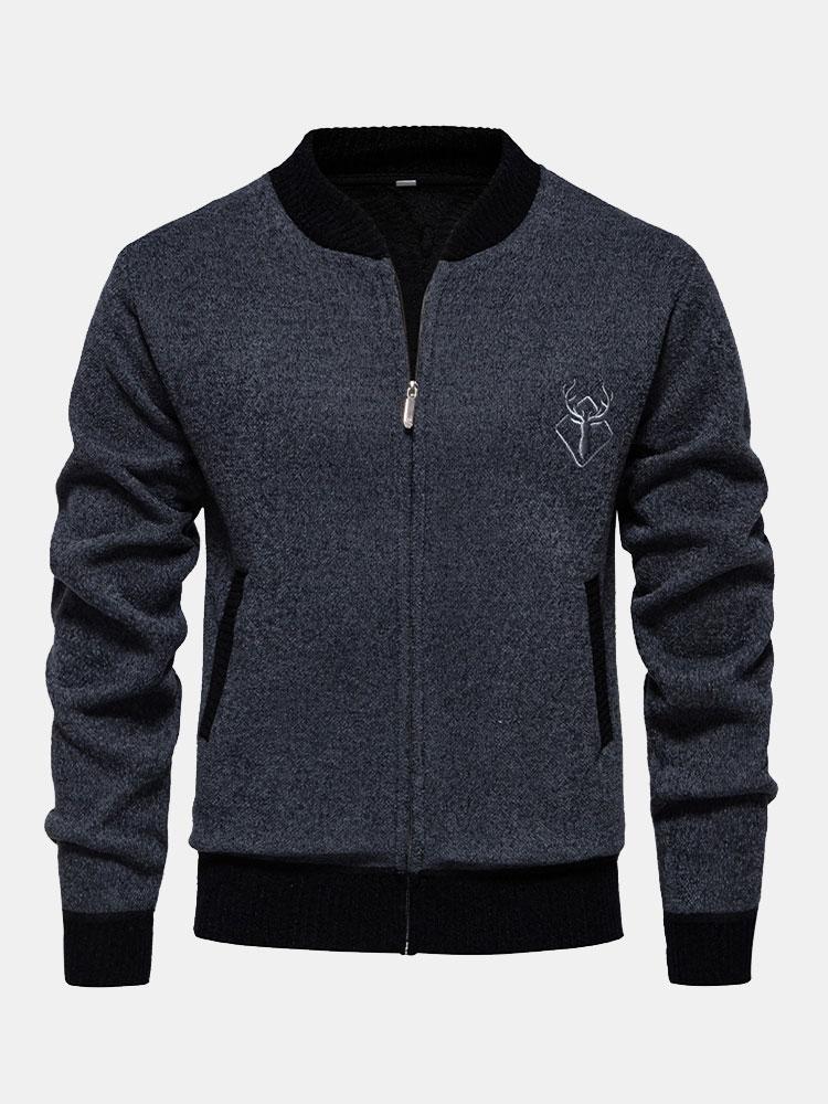 Elk Geborduurd Contrast Baseball Kraag Sweater