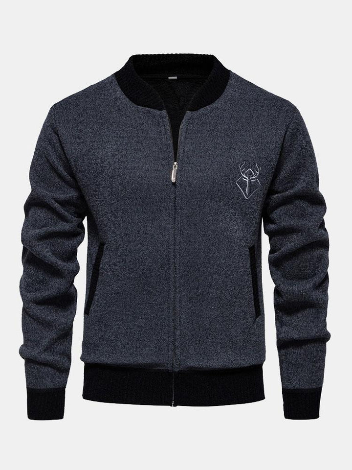 Elk Geborduurd Contrast Baseball Kraag Sweater