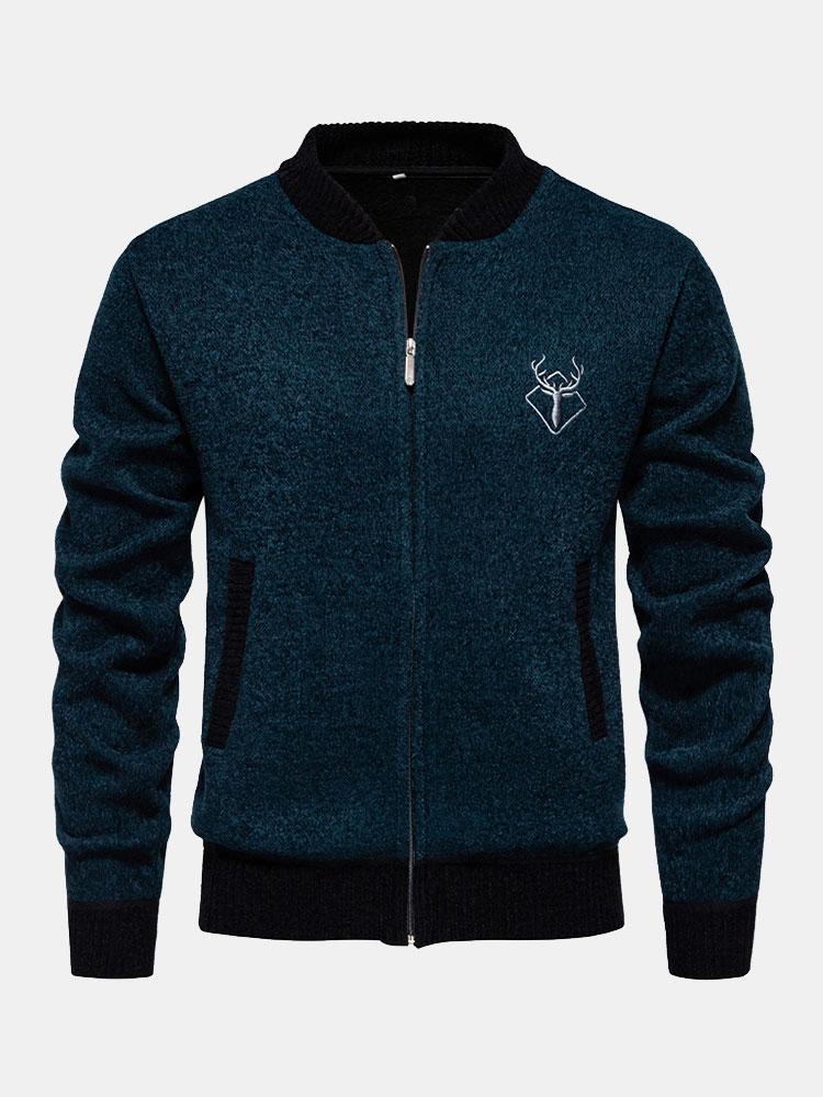 Elk Geborduurd Contrast Baseball Kraag Sweater