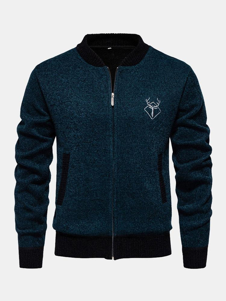 Elk Geborduurd Contrast Baseball Kraag Sweater