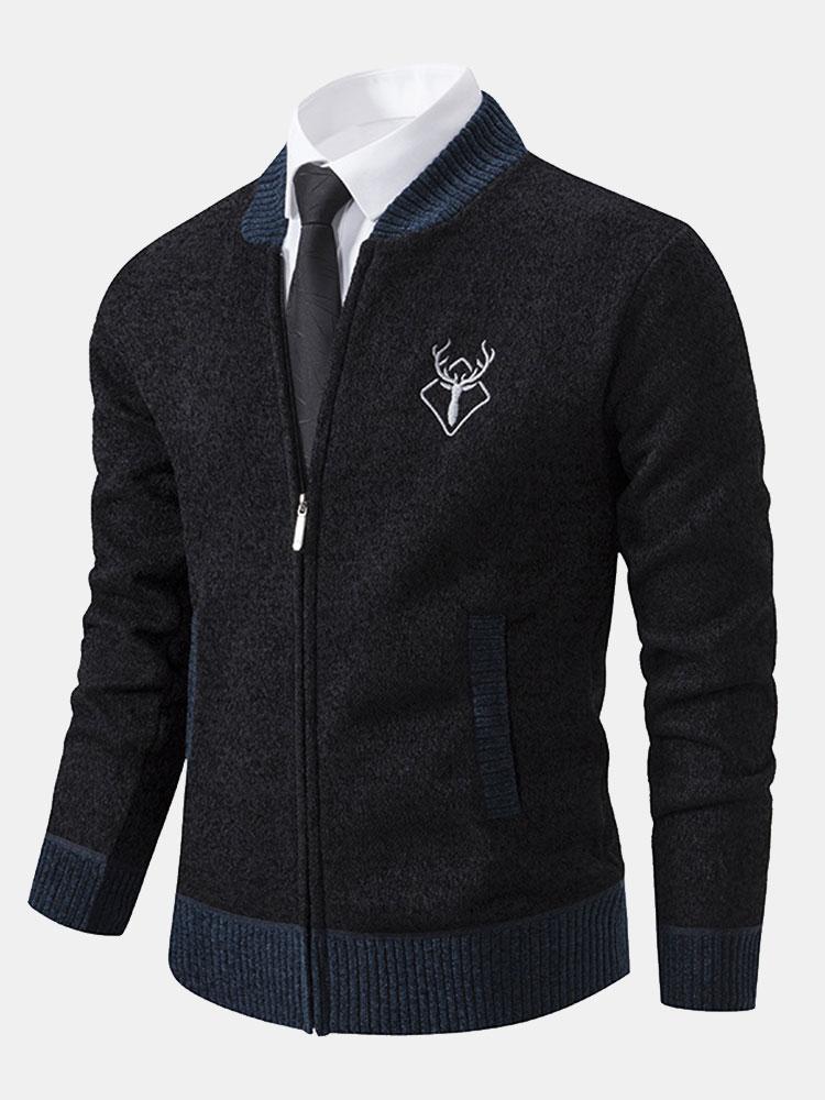 Elk Geborduurd Contrast Baseball Kraag Sweater